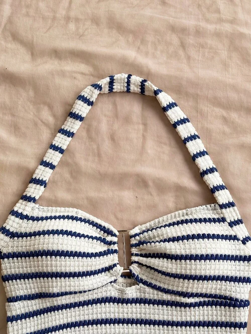 Blue And White Casual Women's Vacation Striped Halter Top And Shorts coord Set